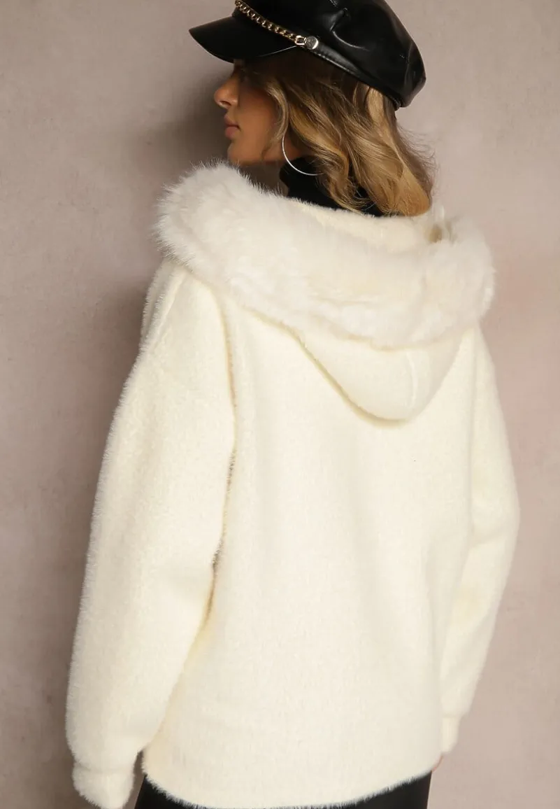 Jasnobeżowa Bluza z Wełną z Kapturem i Kieszeniami Ozdobiona Futerkiem Siliti