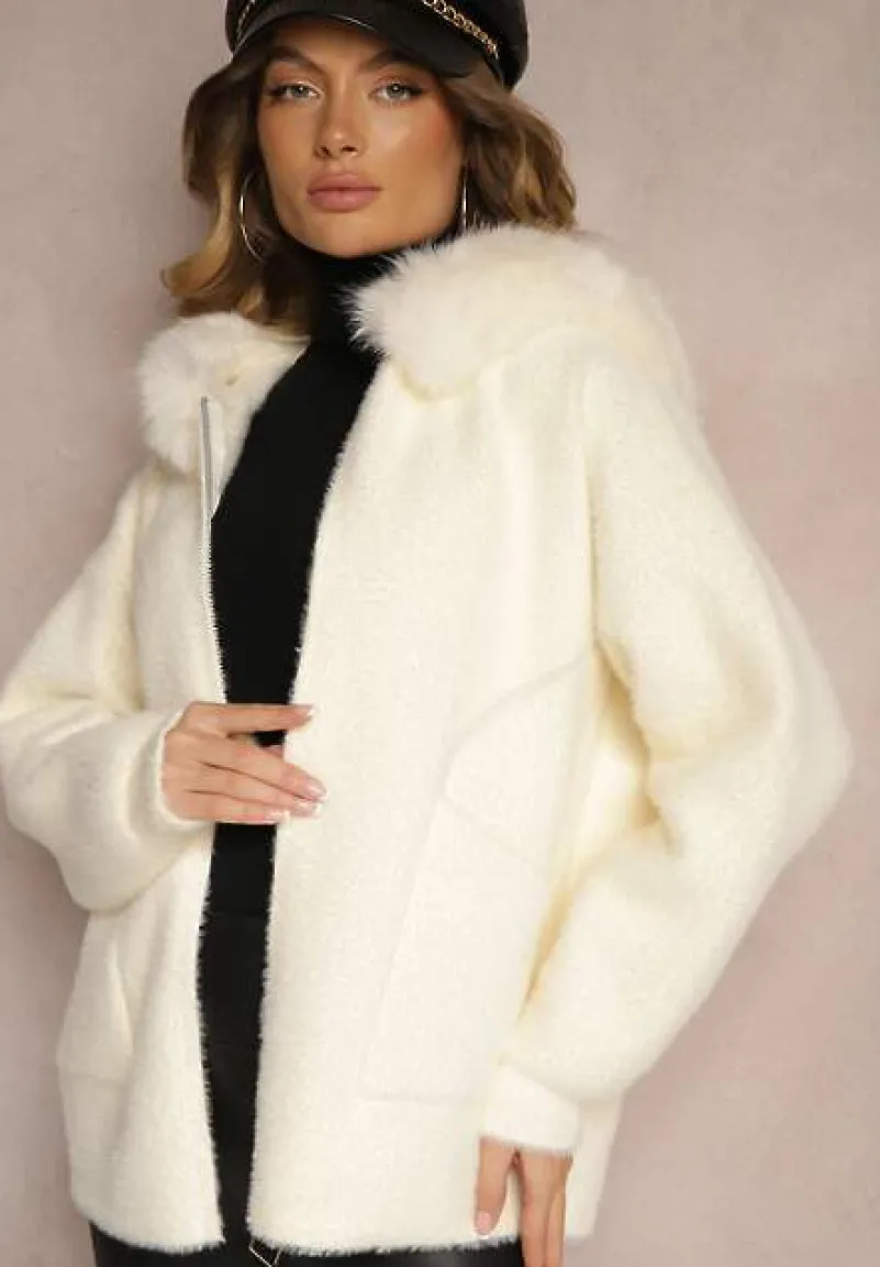 Jasnobeżowa Bluza z Wełną z Kapturem i Kieszeniami Ozdobiona Futerkiem Siliti