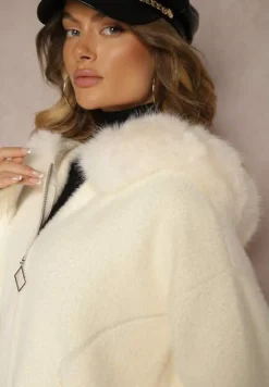 Jasnobeżowa Bluza z Wełną z Kapturem i Kieszeniami Ozdobiona Futerkiem Siliti