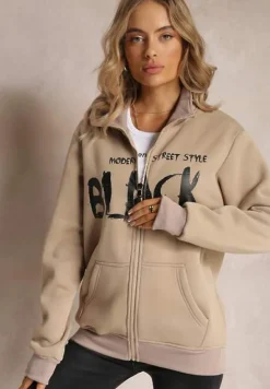 Jasnobeżowa Bluza Zapinana na Suwak z Kieszeniami i Półgolfem Ubaviela