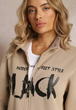 Jasnobeżowa Bluza Zapinana na Suwak z Kieszeniami i Półgolfem Ubaviela