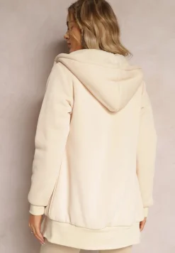 Jasnobeżowa Bluza ze Sztucznym Futerkiem i Kapturem oraz Kieszeniami Creactia