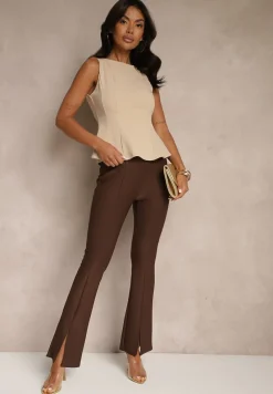 Jasnobeżowa Bluzka Bez Rękawów z Wiskozą Zdobiona Baskinką Linoreina