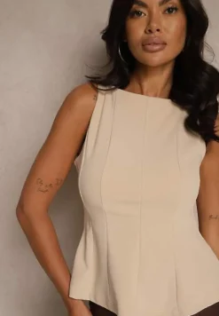 Jasnobeżowa Bluzka Bez Rękawów z Wiskozą Zdobiona Baskinką Linoreina