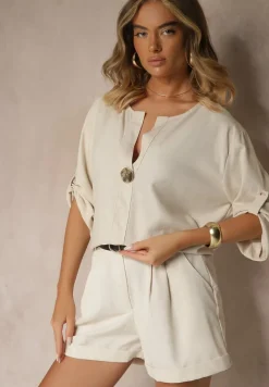 Jasnobeżowa Bluzka Oversize z Lnem i Wiskozą z Ozdobną Aplikacją Miliria