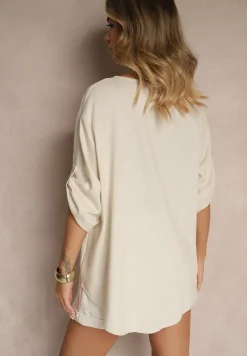 Jasnobeżowa Bluzka Oversize z Lnem i Wiskozą z Ozdobną Aplikacją Miliria