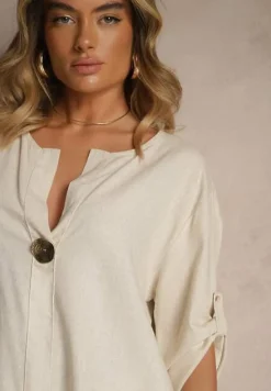 Jasnobeżowa Bluzka Oversize z Lnem i Wiskozą z Ozdobną Aplikacją Miliria