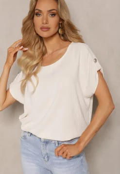 Jasnobeżowa Bluzka Wiskozowa z Krótkim Rękawem Podpiętym na Guzik Vahosa