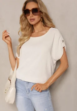 Jasnobeżowa Bluzka Wiskozowa z Krótkim Rękawem Podpiętym na Guzik Vahosa