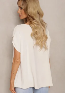 Jasnobeżowa Bluzka Wiskozowa z Krótkim Rękawem Podpiętym na Guzik Vahosa