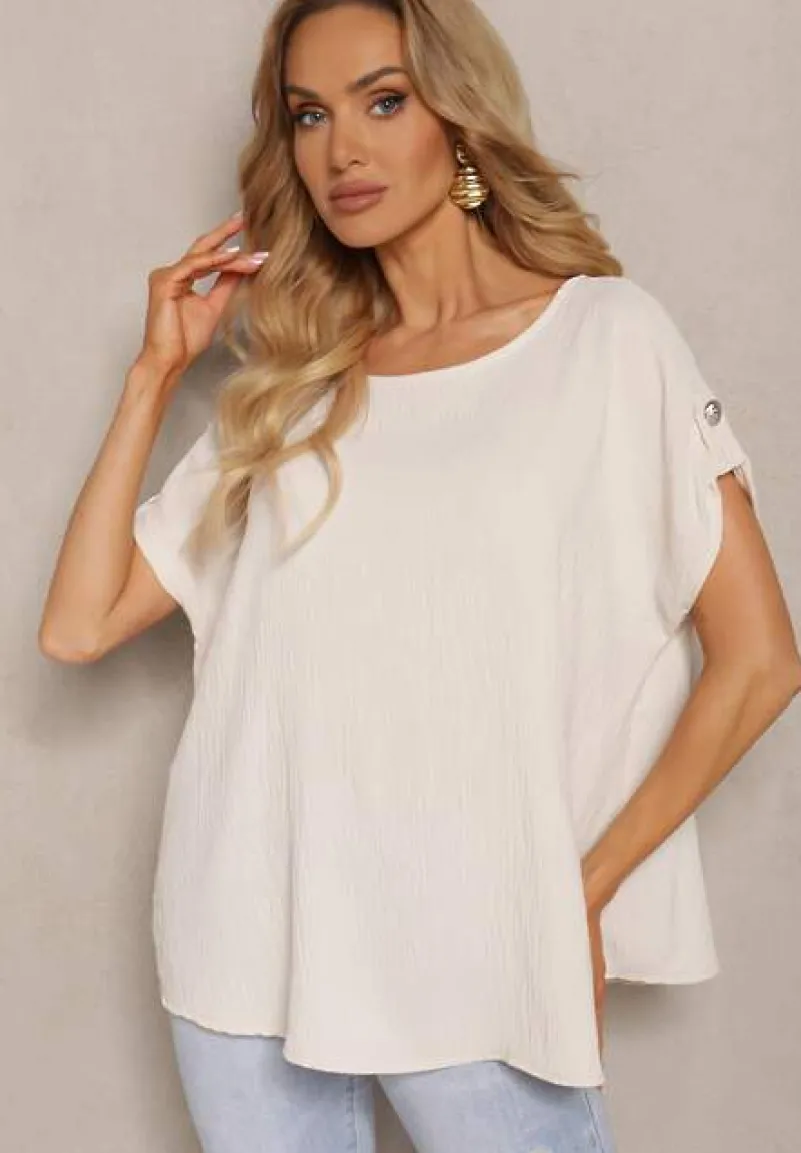 Jasnobeżowa Bluzka Wiskozowa z Krótkim Rękawem Podpiętym na Guzik Vahosa