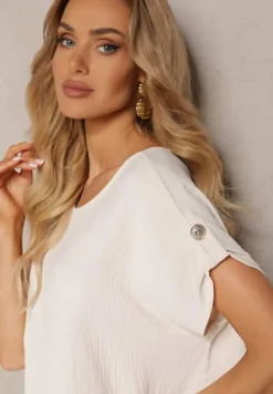 Jasnobeżowa Bluzka Wiskozowa z Krótkim Rękawem Podpiętym na Guzik Vahosa