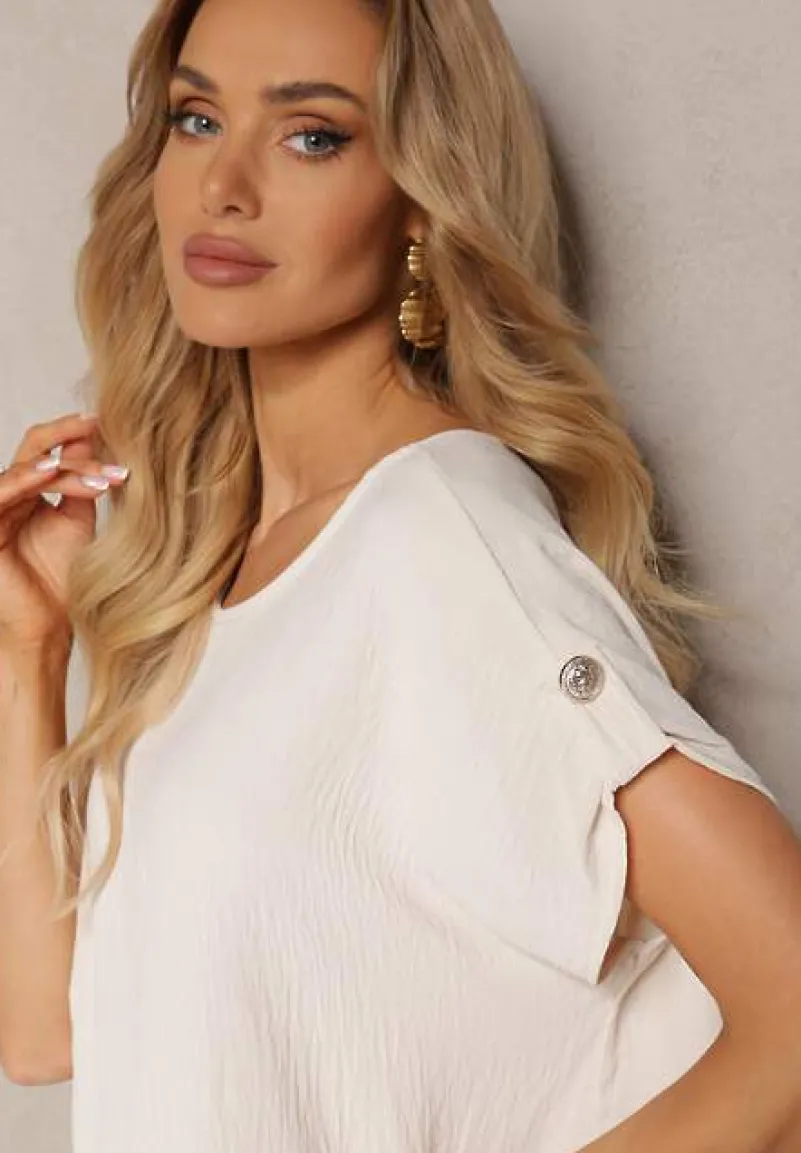 Jasnobeżowa Bluzka Wiskozowa z Krótkim Rękawem Podpiętym na Guzik Vahosa