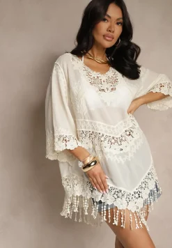 Jasnobeżowa Bluzka z Bawełny Ozdobiona Koronką Frędzlami i Haftem Puviane