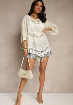 Jasnobeżowa Bluzka z Bawełny Ozdobiona Koronką Frędzlami i Haftem Puviane