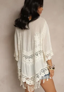 Jasnobeżowa Bluzka z Bawełny Ozdobiona Koronką Frędzlami i Haftem Puviane