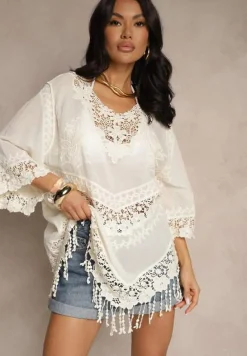 Jasnobeżowa Bluzka z Bawełny Ozdobiona Koronką Frędzlami i Haftem Puviane