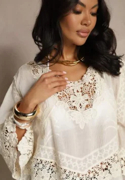 Jasnobeżowa Bluzka z Bawełny Ozdobiona Koronką Frędzlami i Haftem Puviane