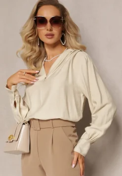 Jasnobeżowa Bluzka z Bufiastymi Rękawami i Trójkątnym Dekoltem Hilko