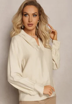 Jasnobeżowa Bluzka z Bufiastymi Rękawami i Trójkątnym Dekoltem Hilko