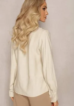 Jasnobeżowa Bluzka z Bufiastymi Rękawami i Trójkątnym Dekoltem Hilko