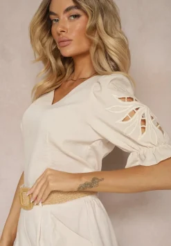 Jasnobeżowa Bluzka z Dodatkiem Wiskozy Wykończona Wiązaniem i Marszczonymi Rękawami Nestarose