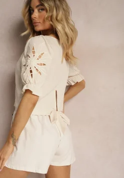 Jasnobeżowa Bluzka z Dodatkiem Wiskozy Wykończona Wiązaniem i Marszczonymi Rękawami Nestarose