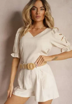 Jasnobeżowa Bluzka z Dodatkiem Wiskozy Wykończona Wiązaniem i Marszczonymi Rękawami Nestarose