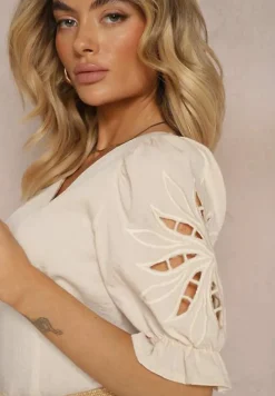 Jasnobeżowa Bluzka z Dodatkiem Wiskozy Wykończona Wiązaniem i Marszczonymi Rękawami Nestarose