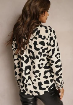 Jasnobeżowa Bluzka z Dodatkiem Bawełny w Panterkę z Rękawami z Regulacją Merilissea