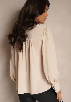 Jasnobeżowa Bluzka z Haftem na Guziki Zanya