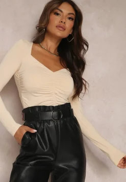 Jasnobeżowa Bluzka z Marszczeniem i Długim Rękawem Dephyllis