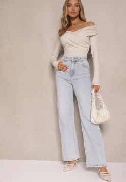 Jasnobeżowa Bluzka z Wiskozą z Hiszpańskim Dekoltem Amodara