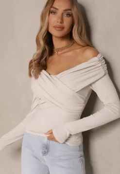 Jasnobeżowa Bluzka z Wiskozą z Hiszpańskim Dekoltem Amodara