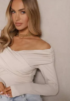 Jasnobeżowa Bluzka z Wiskozą z Hiszpańskim Dekoltem Amodara