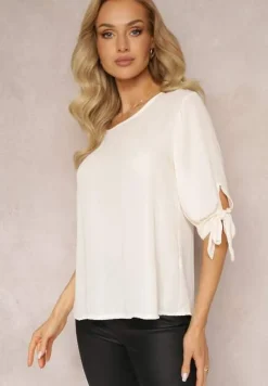 Jasnobeżowa Bluzka z Wiązaniami na Rękawach 3/4 Fildreda