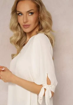 Jasnobeżowa Bluzka z Wiązaniami na Rękawach 3/4 Fildreda