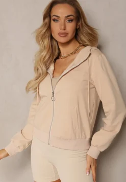 Jasnobeżowa Casualowa Bluza z Ozdobnym Przeszyciem i Kapturem Siraca