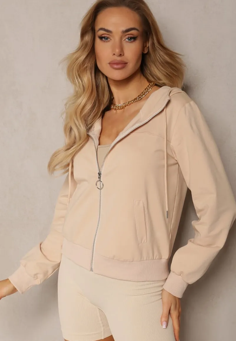 Jasnobeżowa Casualowa Bluza z Ozdobnym Przeszyciem i Kapturem Siraca