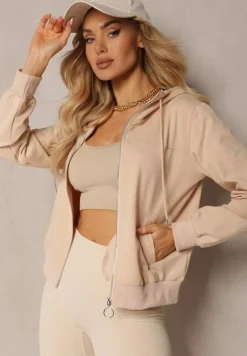 Jasnobeżowa Casualowa Bluza z Ozdobnym Przeszyciem i Kapturem Siraca