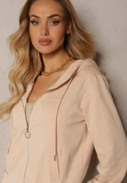 Jasnobeżowa Casualowa Bluza z Ozdobnym Przeszyciem i Kapturem Siraca