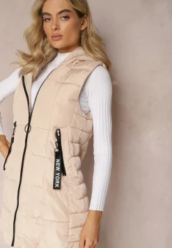 Jasnobeżowa Długa Kamizelka Pikowana z Wysokim Kołnierzem i Kapturem Pansi