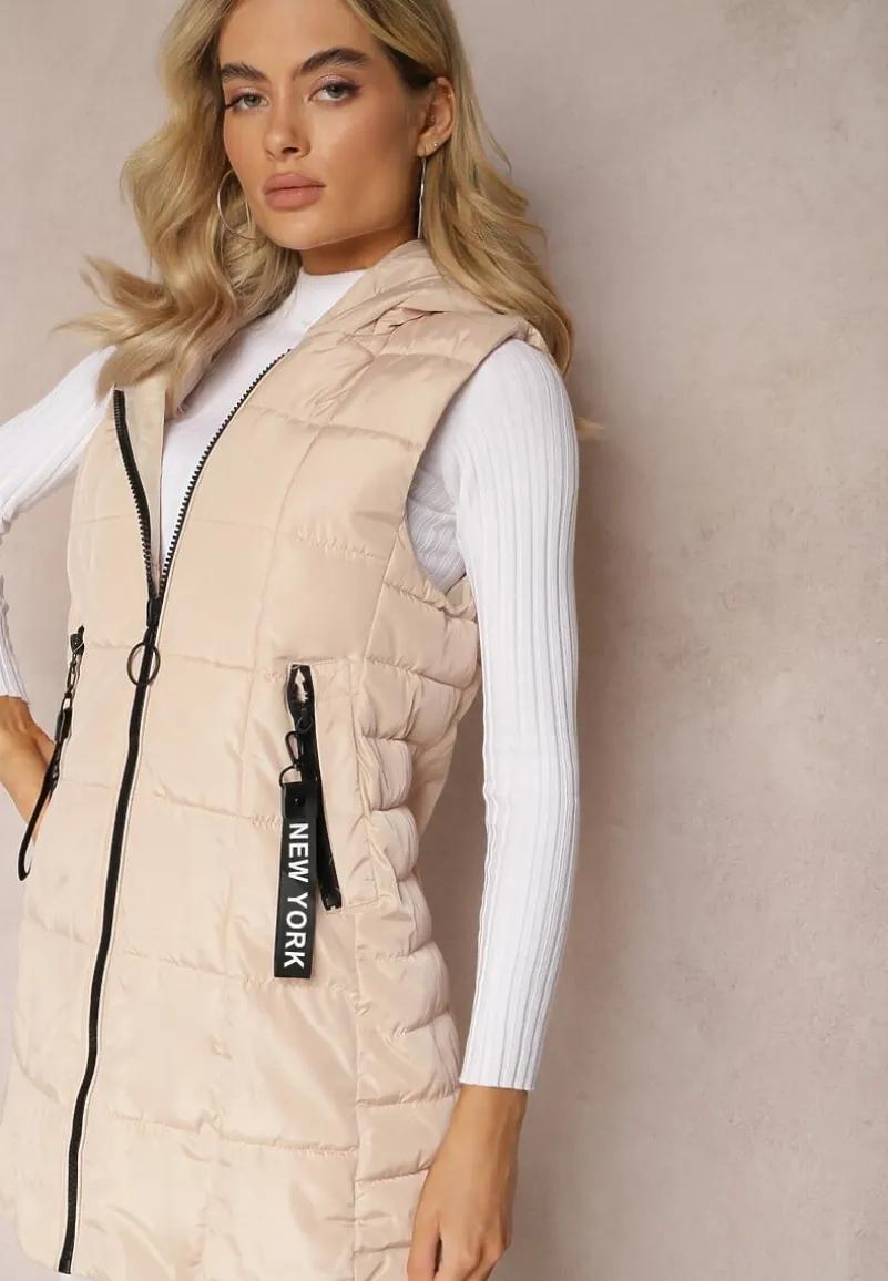 Jasnobeżowa Długa Kamizelka Pikowana z Wysokim Kołnierzem i Kapturem Pansi