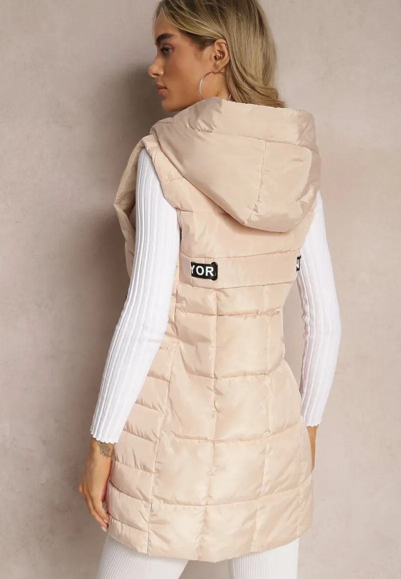 Jasnobeżowa Długa Kamizelka Pikowana z Wysokim Kołnierzem i Kapturem Pansi