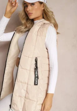 Jasnobeżowa Długa Kamizelka Pikowana z Wysokim Kołnierzem i Kapturem Pansi