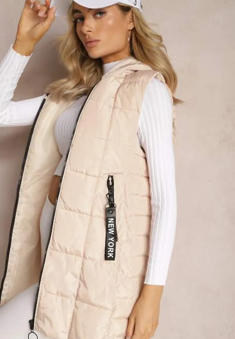 Jasnobeżowa Długa Kamizelka Pikowana z Wysokim Kołnierzem i Kapturem Pansi