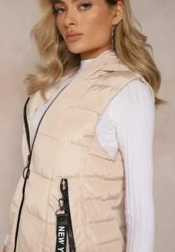 Jasnobeżowa Długa Kamizelka Pikowana z Wysokim Kołnierzem i Kapturem Pansi