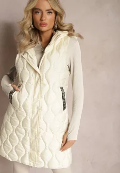 Jasnobeżowa Długa Kamizelka Pikowana z Kapturem Nallona