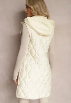 Jasnobeżowa Długa Kamizelka Pikowana z Kapturem Nallona