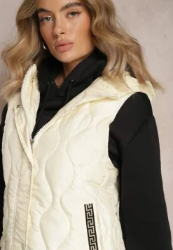 Jasnobeżowa Długa Kamizelka Pikowana z Kapturem Nallona